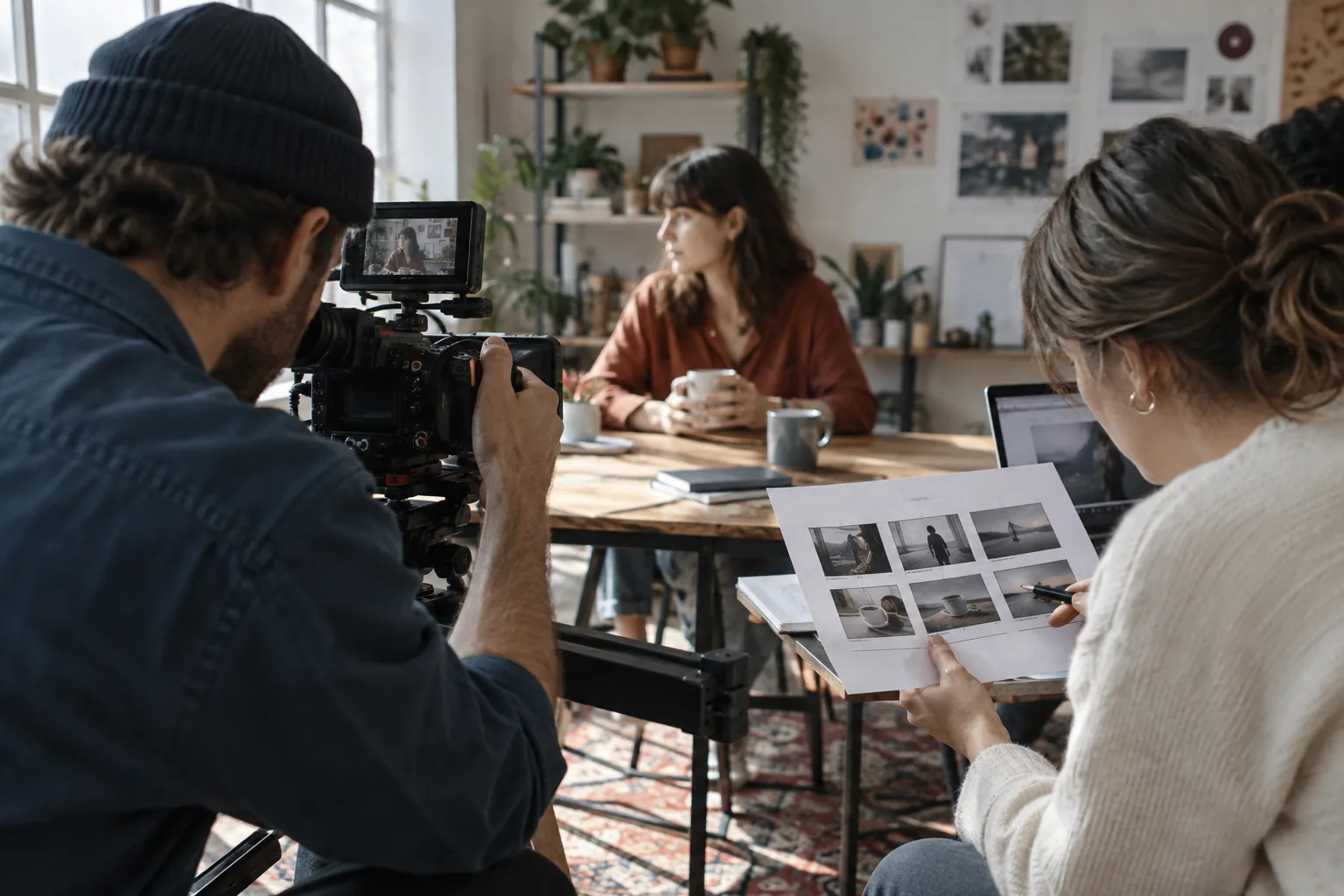 Sfeerbeeld van een videoproductie met camera en storyboard