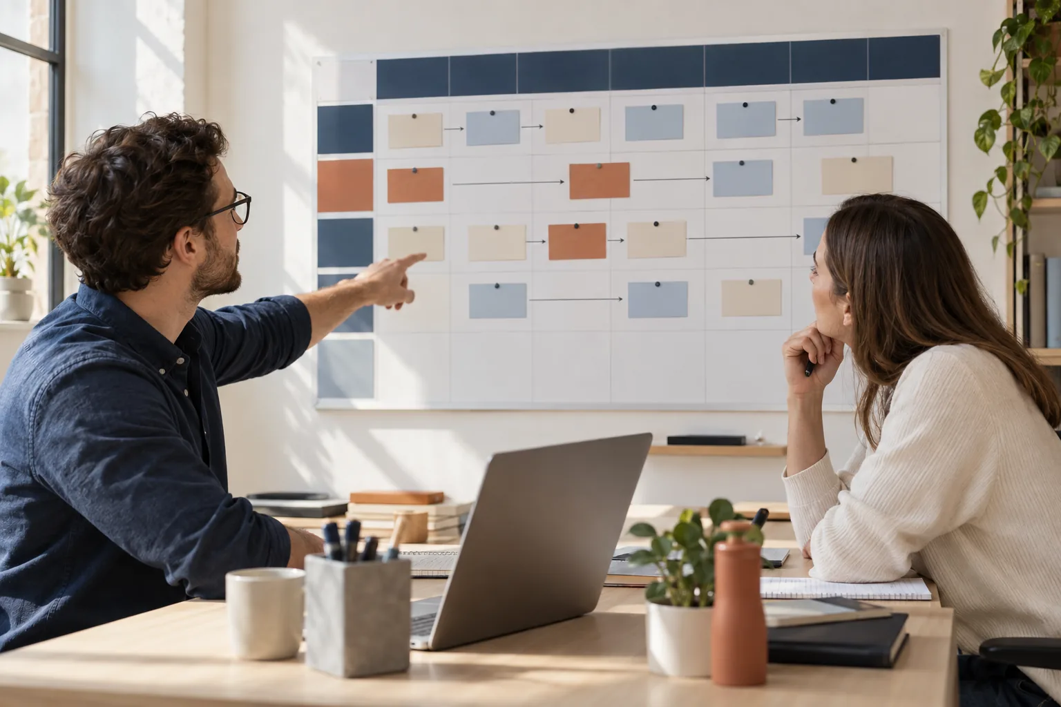 Sfeerbeeld van twee collega’s die samen een planning doornemen