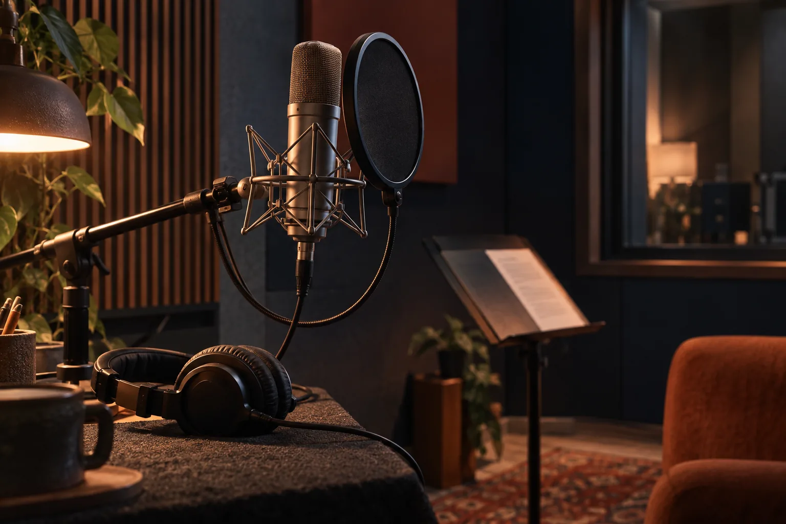 Microfoon en hoofdtelefoon in een opnamestudio